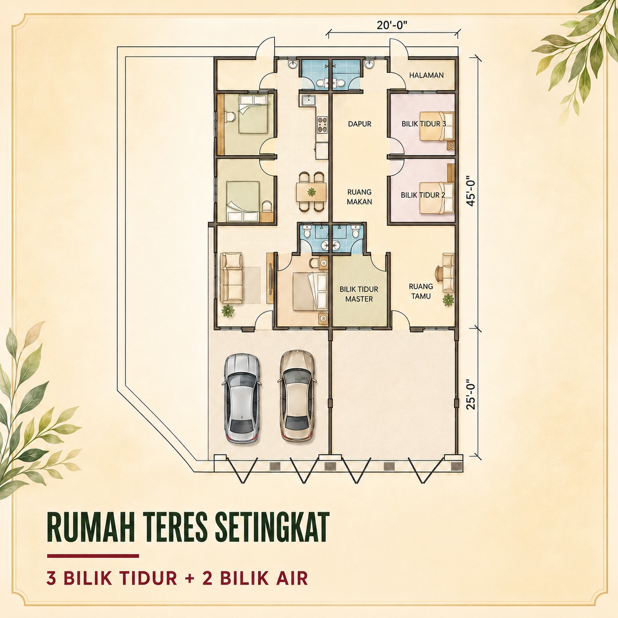 Pelan Lantai Rumah Teres Setingkat — 3 Bilik Tidur + 2 Bilik Air